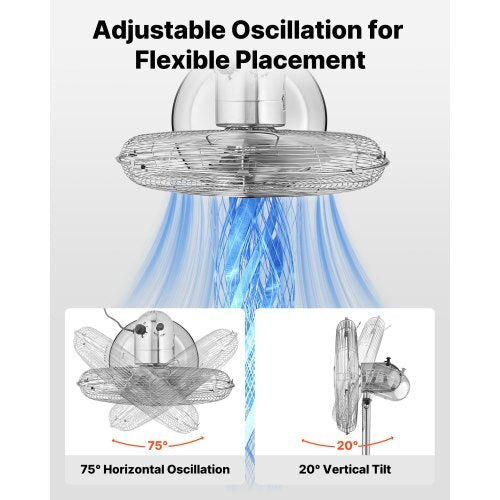 16-Inch High Velocity Pedestal Fan, 1450 CFM Industrial Standing Floor Fan with Handle, 75? Oscillating, 3-Speed Adjustable Height, Metal Made for Commercial, Garage, Workshop, Home, Silver