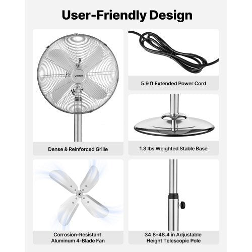 16-Inch High Velocity Pedestal Fan, 1450 CFM Industrial Standing Floor Fan with Handle, 75? Oscillating, 3-Speed Adjustable Height, Metal Made for Commercial, Garage, Workshop, Home, Silver
