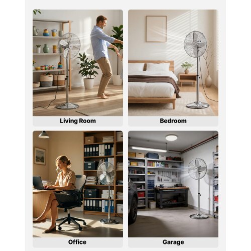 16-Inch High Velocity Pedestal Fan, 1450 CFM Industrial Standing Floor Fan with Handle, 75? Oscillating, 3-Speed Adjustable Height, Metal Made for Commercial, Garage, Workshop, Home, Silver