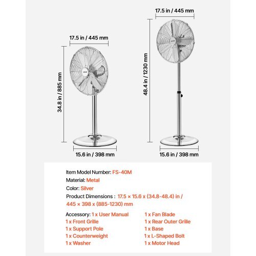 16-Inch High Velocity Pedestal Fan, 1450 CFM Industrial Standing Floor Fan with Handle, 75? Oscillating, 3-Speed Adjustable Height, Metal Made for Commercial, Garage, Workshop, Home, Silver