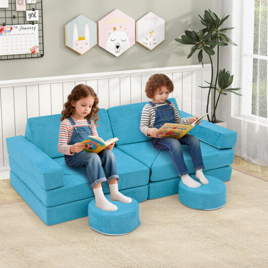 14 PCS Modular Kids Play Couch for Playroom and Bedroom-Blue - Color: Blue
