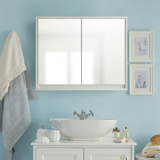 2-Door Wall-Mounted Bathroom Mirrored Medicine Cabinet - Color: White