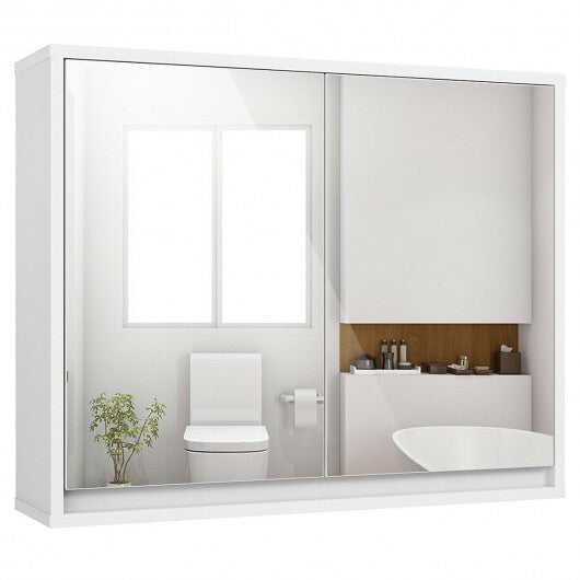 2-Door Wall-Mounted Bathroom Mirrored Medicine Cabinet - Color: White