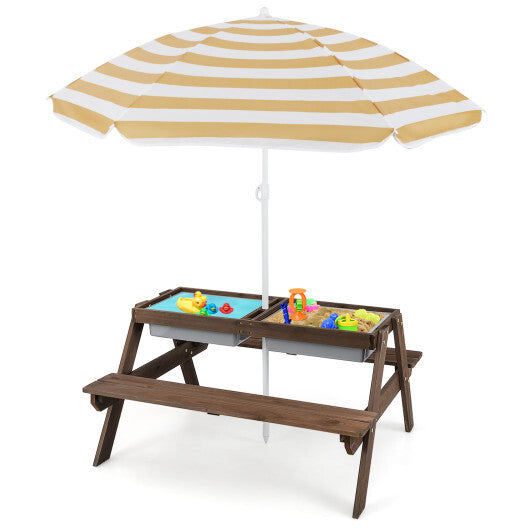 3-in-1 Kids Outdoor Picnic Water Sand Table with Removable Umbrella and Boxes-Coffee - Color: Coffee