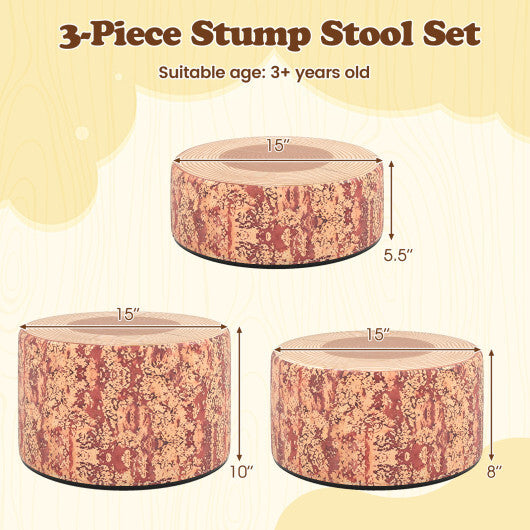 3-Piece Tree Stump Stool Set with Wood Printing Nature Decoration-Dark Walnut - Color: Dark Walnut