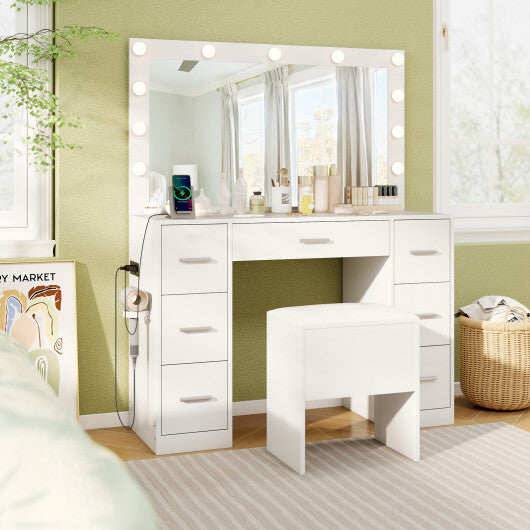 43.5-Inche Vanity Desk with Mirror and Lights for Bedroom-White