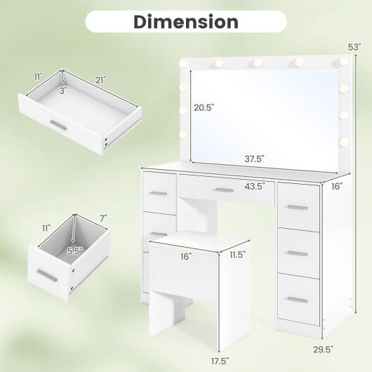 43.5-Inche Vanity Desk with Mirror and Lights for Bedroom-White