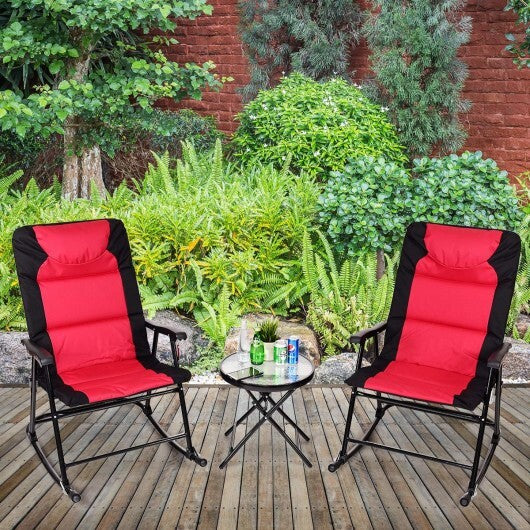 3 Pcs Outdoor Folding Rocking Chair Table Set with Cushion-Black&Red - Color: Red