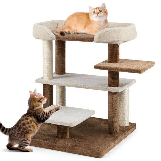 2-in-1 Cat Tree Tower Pet Steps with Sisal Scratching Posts and 4 Large Platforms-Brown - Color: Brown