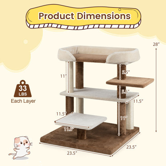 2-in-1 Cat Tree Tower Pet Steps with Sisal Scratching Posts and 4 Large Platforms-Brown - Color: Brown