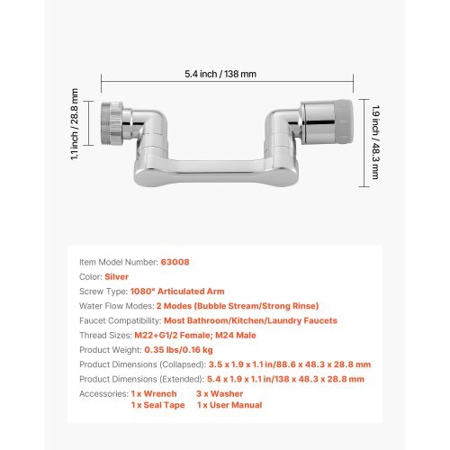 1080? Swivel Faucet Extender, 2 Sprayer Modes Sink Water Faucet Aerator Extension, Kitchen Bathroom Rotatable Spray Attachment with Brass Robotic Arm, Rotating Splash Filter Wash Hand/Hair/Face