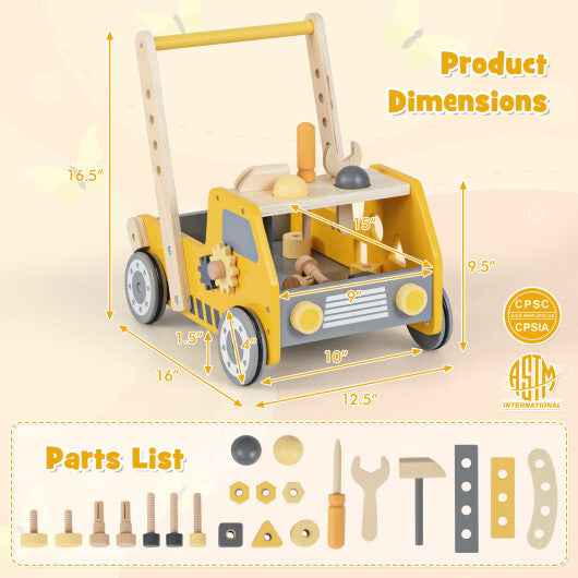 2-in-1 Wooden Baby Walker with Adjustable Speed and Bottom Storage-Yellow